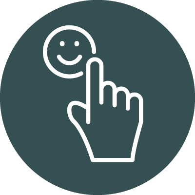 Asset 169 - Essential Plan Support Services - Essential Plan Support Services Hand finger tapping a smiling face button on a dark teal circle background, indicating a tap or like action